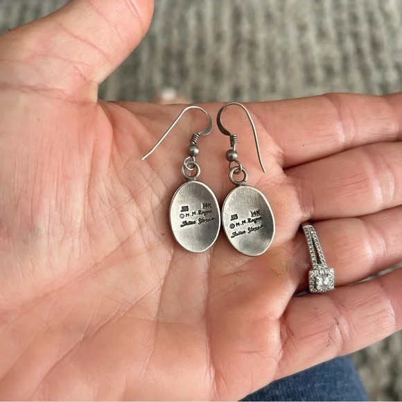 Vintage Navajo MM Rogers Kokopelli Sterling Silver 14kt signed Drop Earrings - Picture 3 of 4